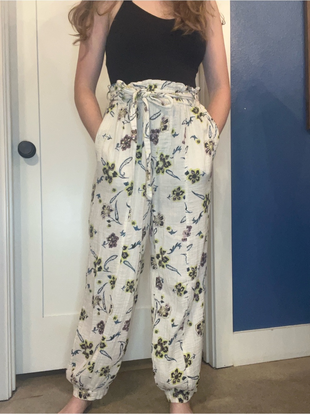 Free People “The Midnight Hour” White Floral Paperbag Waist Trousers
